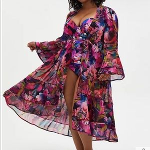 MAXI CHIFFON RUFFLE HEM COVERUP KIMONO